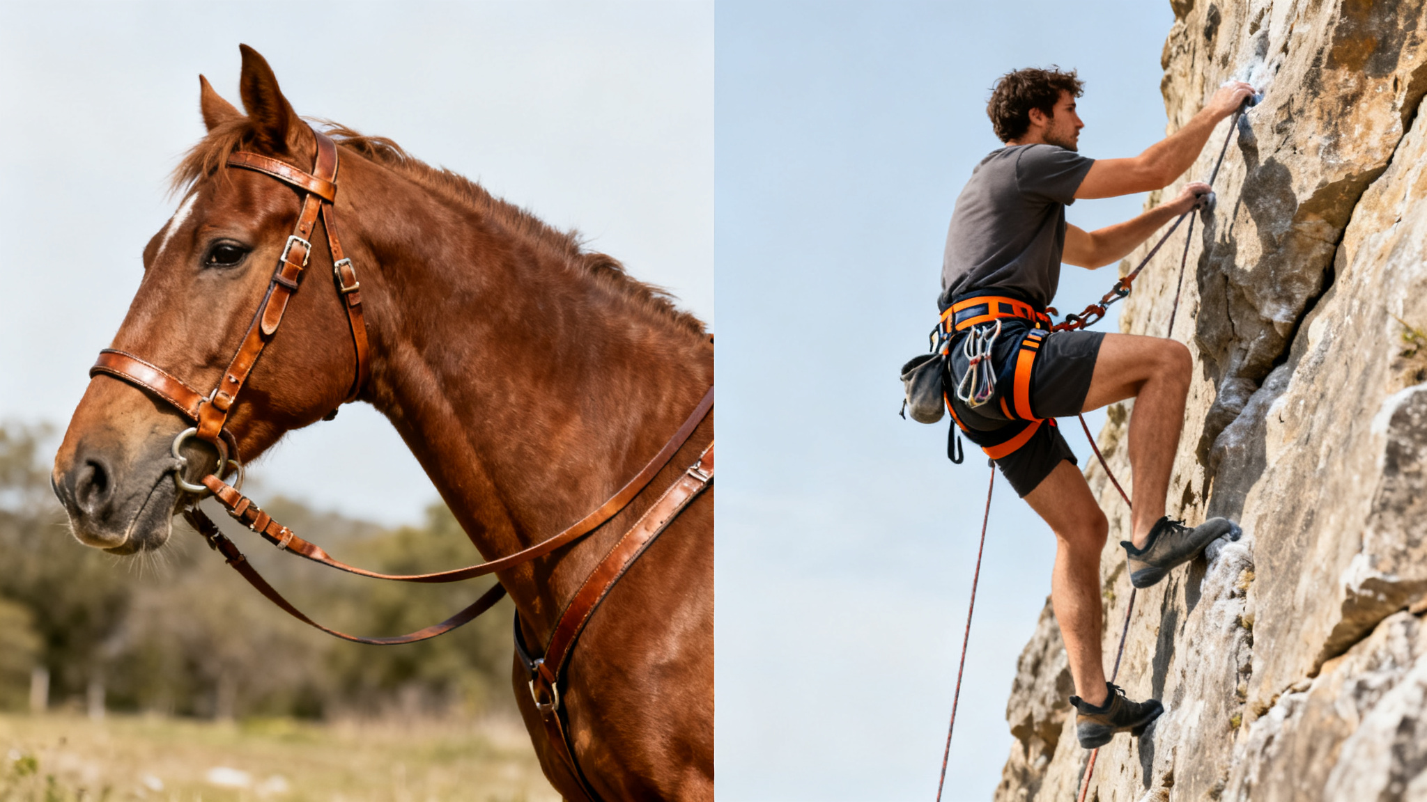 左：革のハーネスをつけた馬。右：クライミングハーネスをつけた登山者。